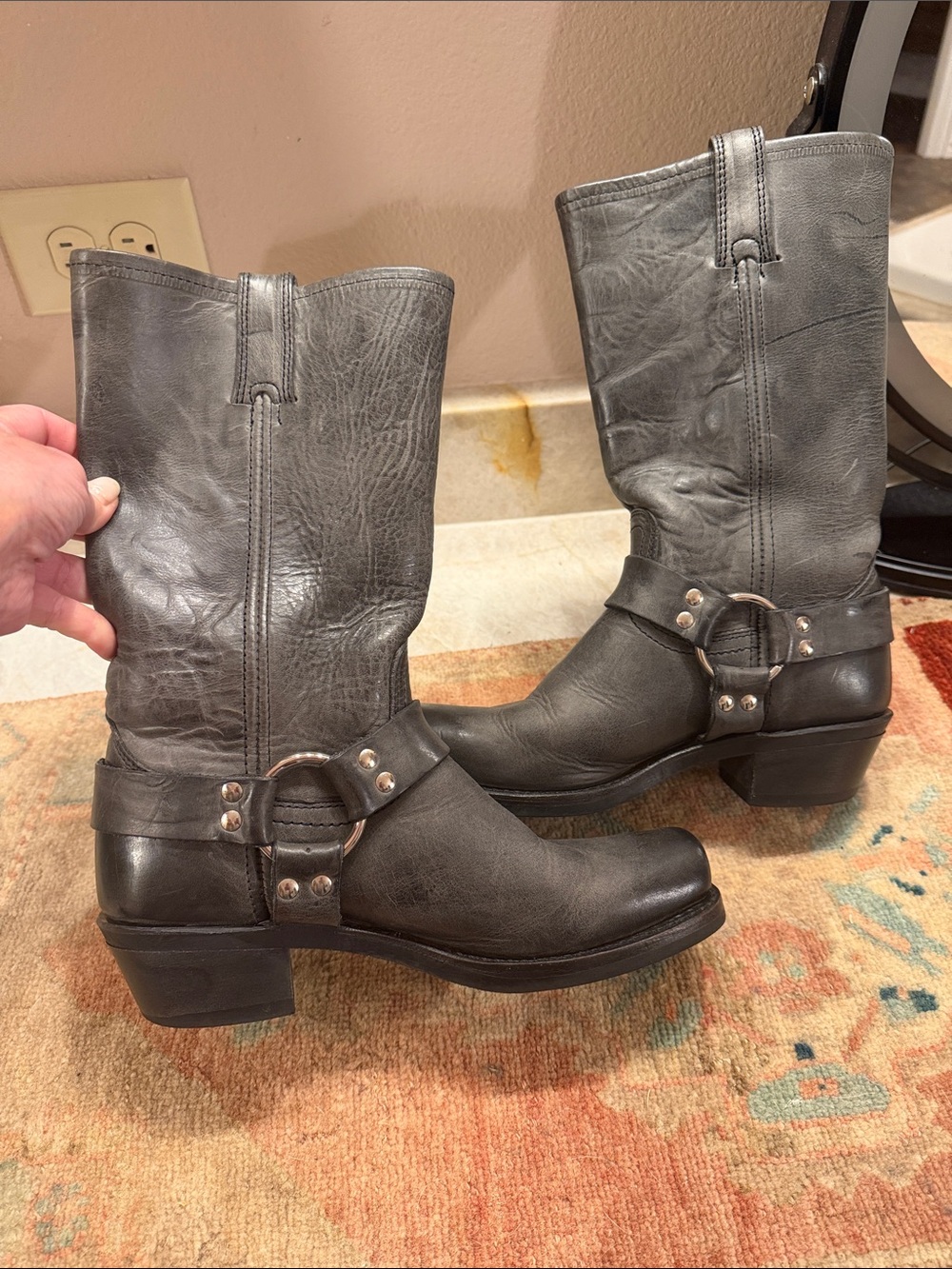 Rare! Pewter Gray FryeLeather Harness Mid-Calf Boots with Ring Detail

Worn once